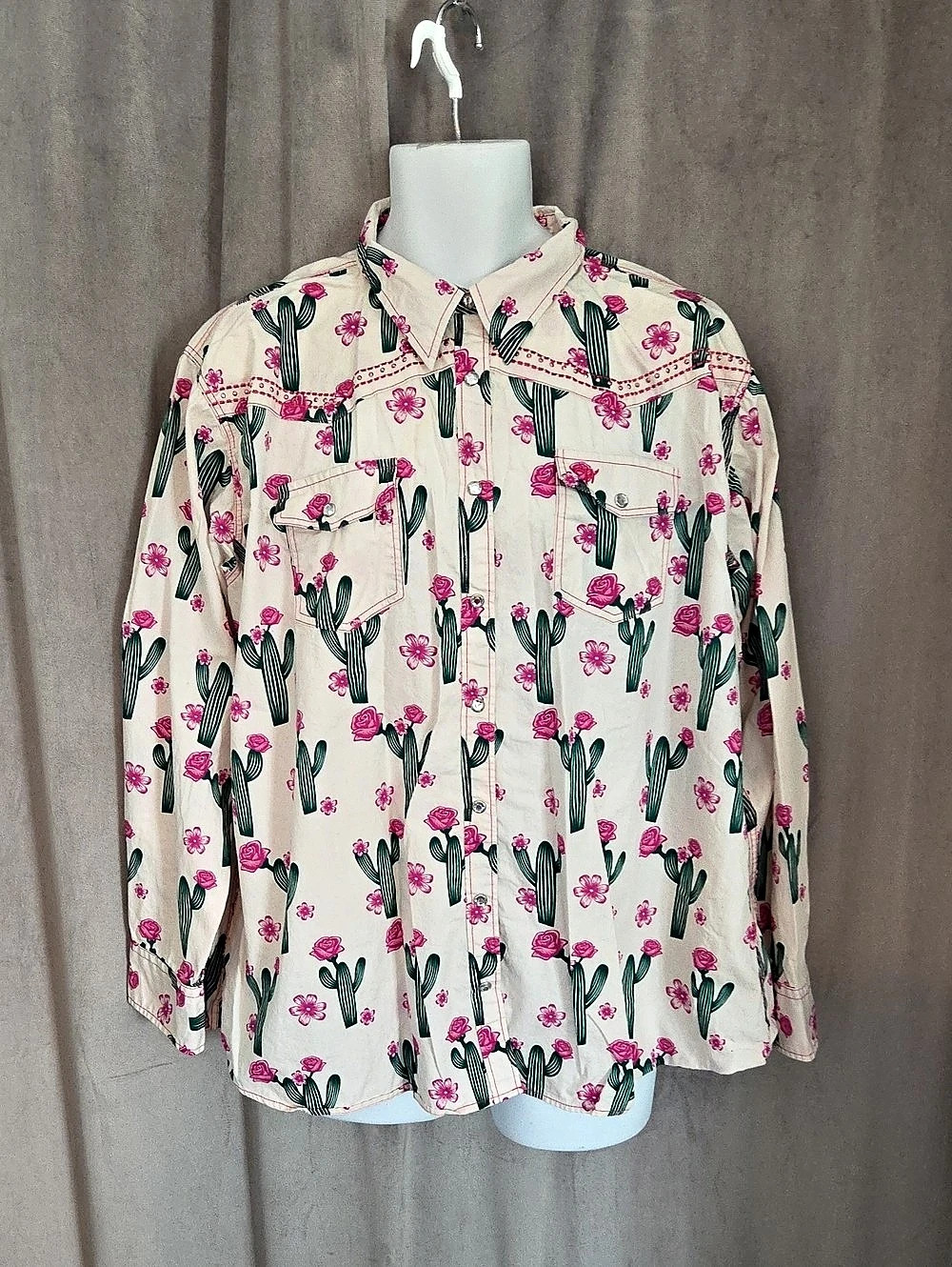 Cowgirl Hardware Cactus Rose Long Sleeve Western Shirt Pink & Green 2X